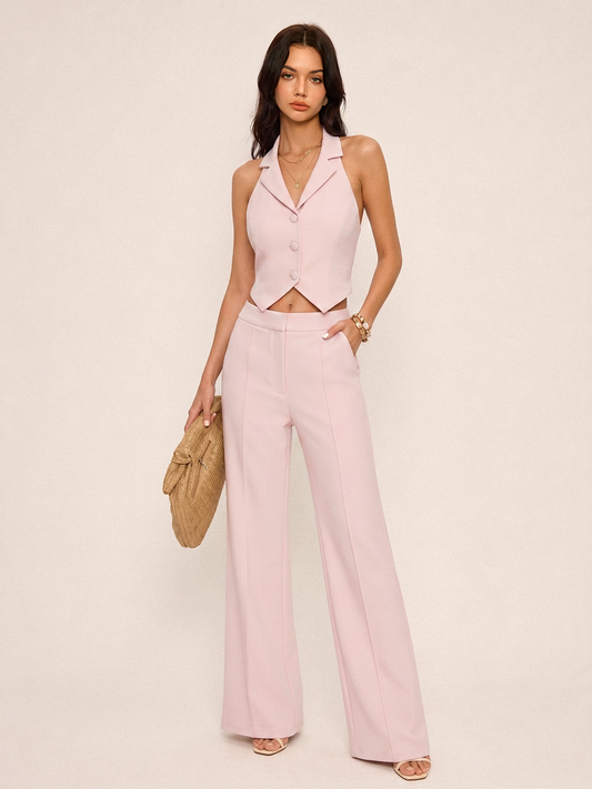 Conjunto Elegante con Chaleco Halter y Pantalón Palazzo