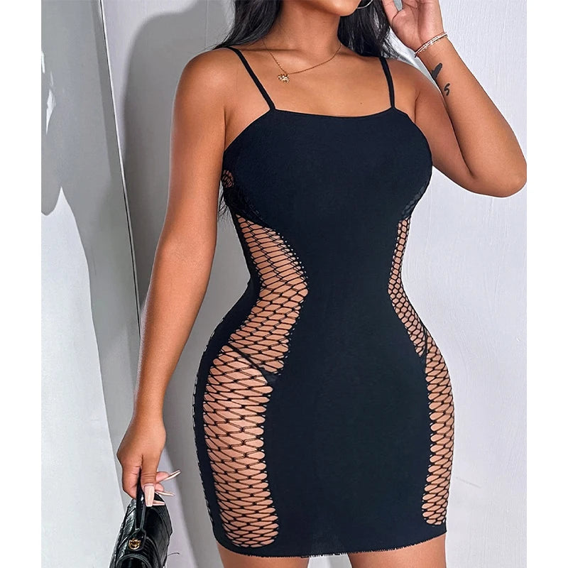 Vestido Negro de Malla con Aberturas Laterales