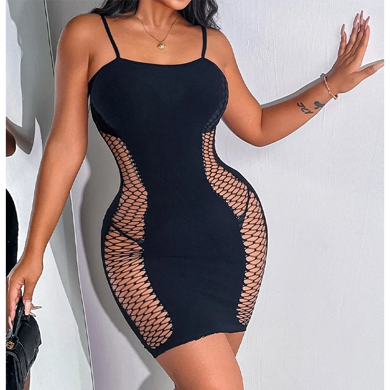 Vestido Negro de Malla con Aberturas Laterales